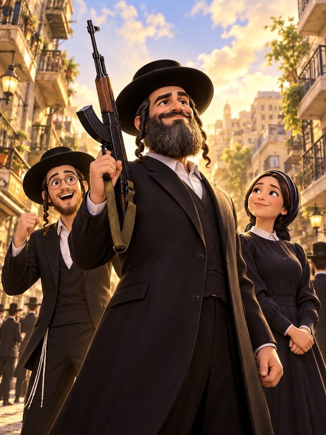 לוחם ממחנה החרדים במשחק 60:60 — מלחמת הבחירות, בחליפה שחורה ובצבעי זהב