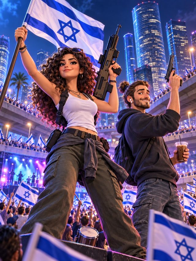 לוחמת ממחנה החילונים במשחק 60:60 — מלחמת הבחירות, בצבעי ורוד עם דגל