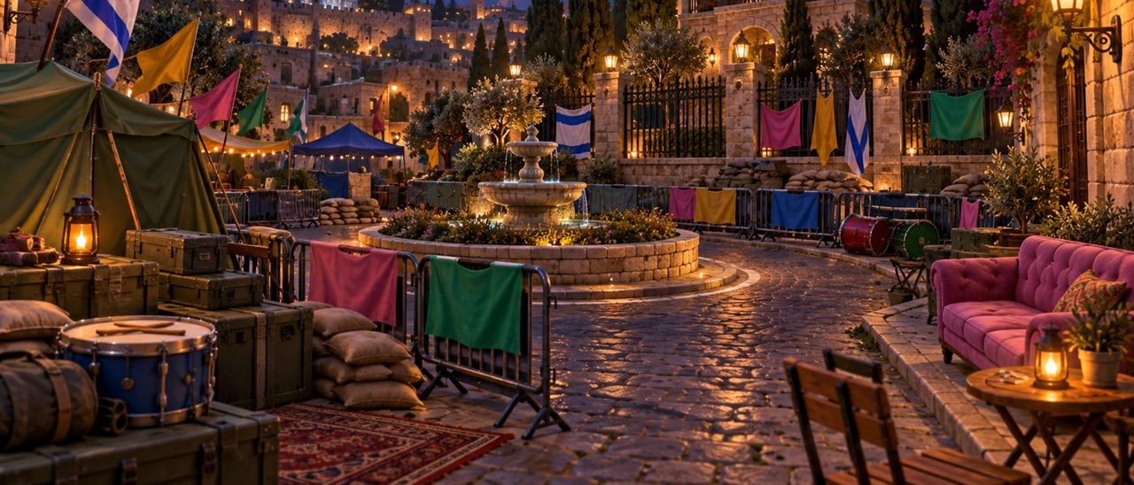 מפת בלפור במשחק 60:60 — רחוב מחאה בירושלים בלילה עם מחסומים, אוהלים ודגלים
