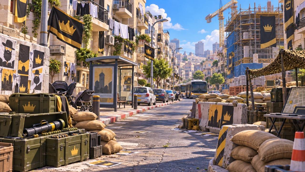 מפת רבי עקיבא במשחק 60:60 — רחוב צפוף בבני ברק עם מרפסות, סוכות וחוטי חשמל