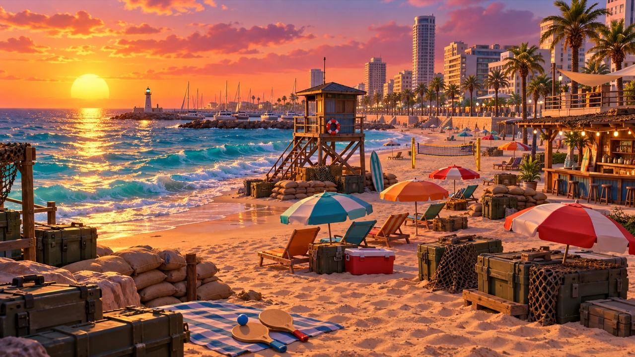 מפת חוף גורדון במשחק 60:60 — חוף בשקיעה עם שמשיות, מגדל מציל וטיילת